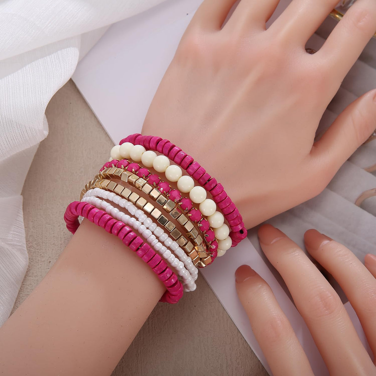 LUREME Bohemian Beads Cube Multi Strand Stretch Stackable Bangle Bracelet Set(bl003172-11)