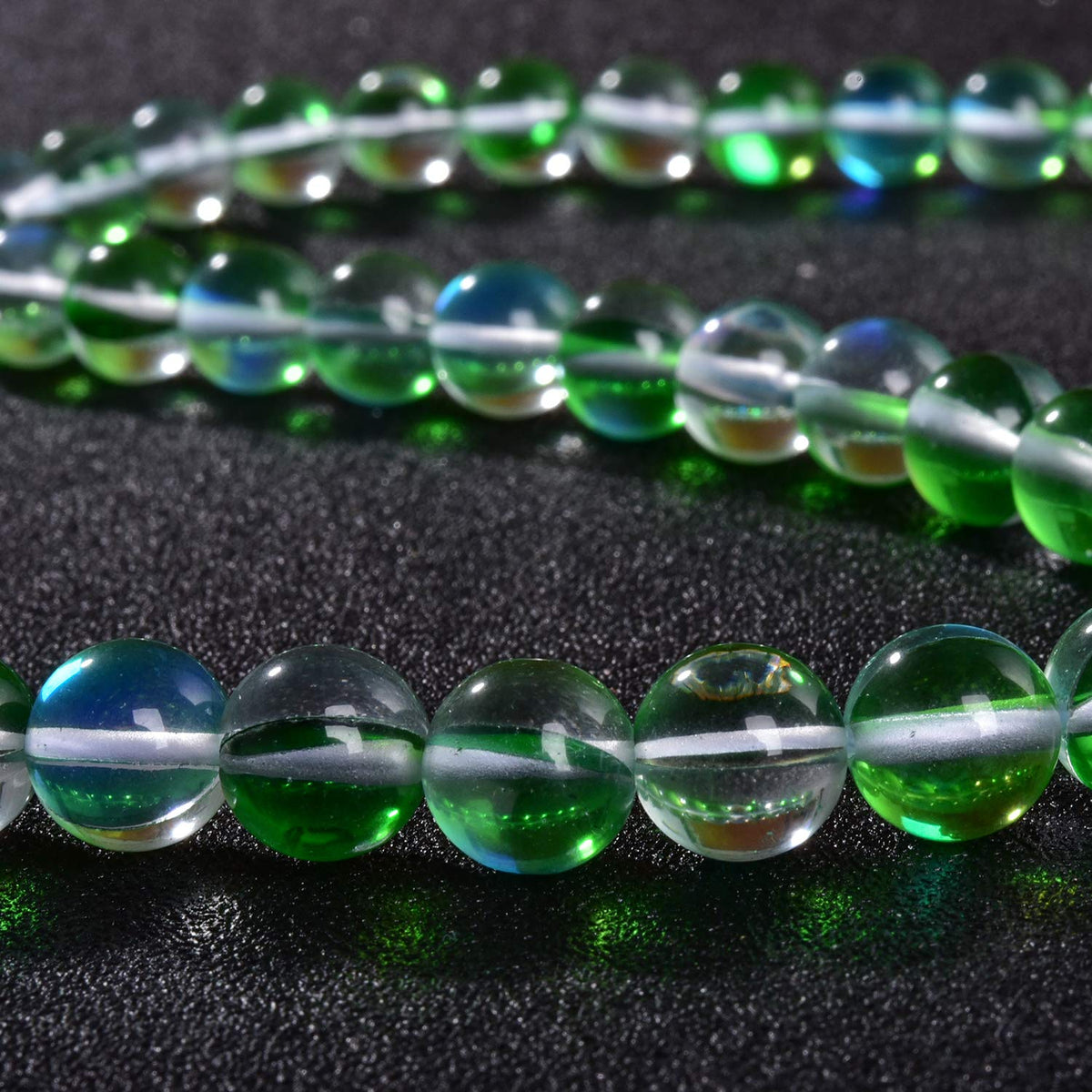 Asingeloo 38PCS 10mm Green Angel Aura Round Gemstones Polished Mermaid Aura Moonstone Bead Smooth Stone Loose Beads Crystal Quartz for DIY Jewelry Making 1 Strand 15”