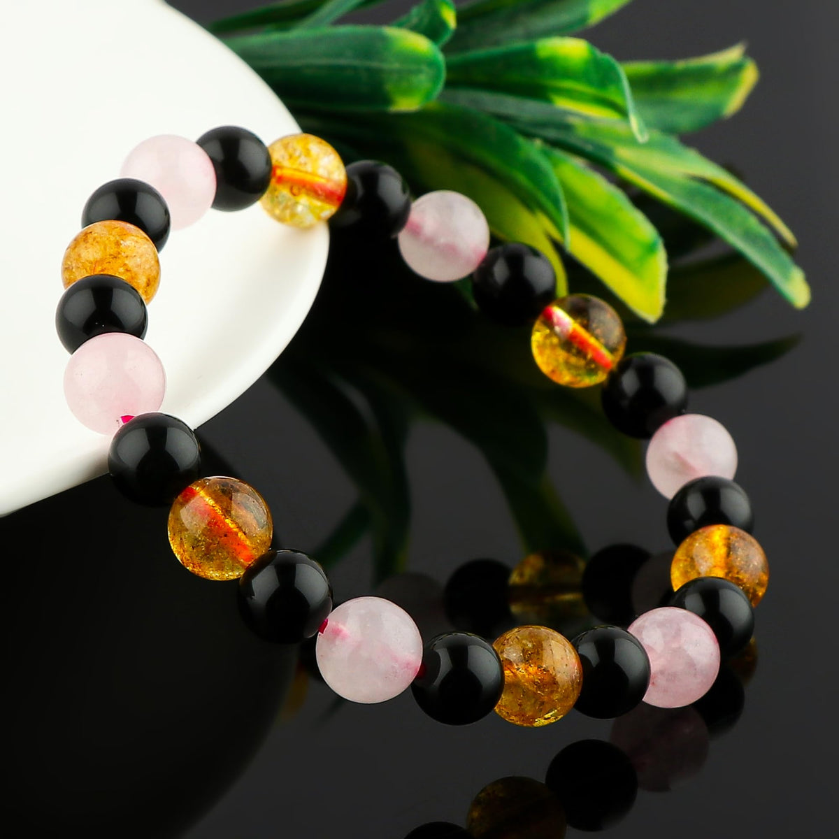 CRYSTALIS Triple Protection Bracelet - Unisex Stretchable Elastic Bracelet - Natural Gemstone Beads Jewelry, Birthstone, Healing, Chakra, Yoga Balancing, Reiki (Citrine+Rose Quartz+Obsidian)