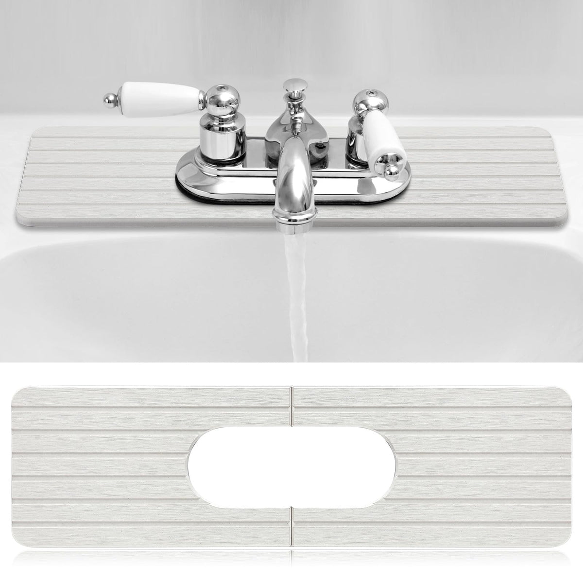 Funnymoom Stone Faucet Mat Sink Splash Guard, 24" Diatomite Quick Drying Stone Faucet Mat, Super Absorbent, Kitchen Sink Oval and Round Splash Tap Pad for Bathroom Counter & Kitchen(White)