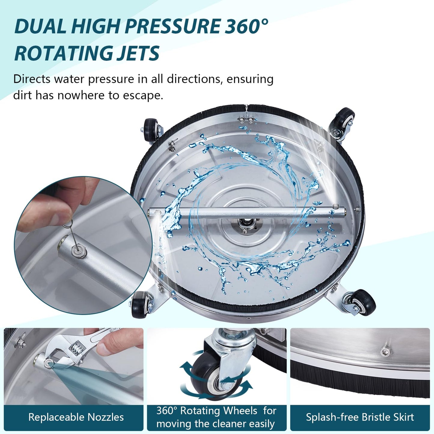 Pressure Washer Surface Cleaner w/Handles & Wheels, Stainless Steel Concrete Cleaner 4000 Max PSI, 3/8" Connector & 1/4" Adapter Power Washer Floor Attachment for Driveways, Sidewalks,Patios,Deck