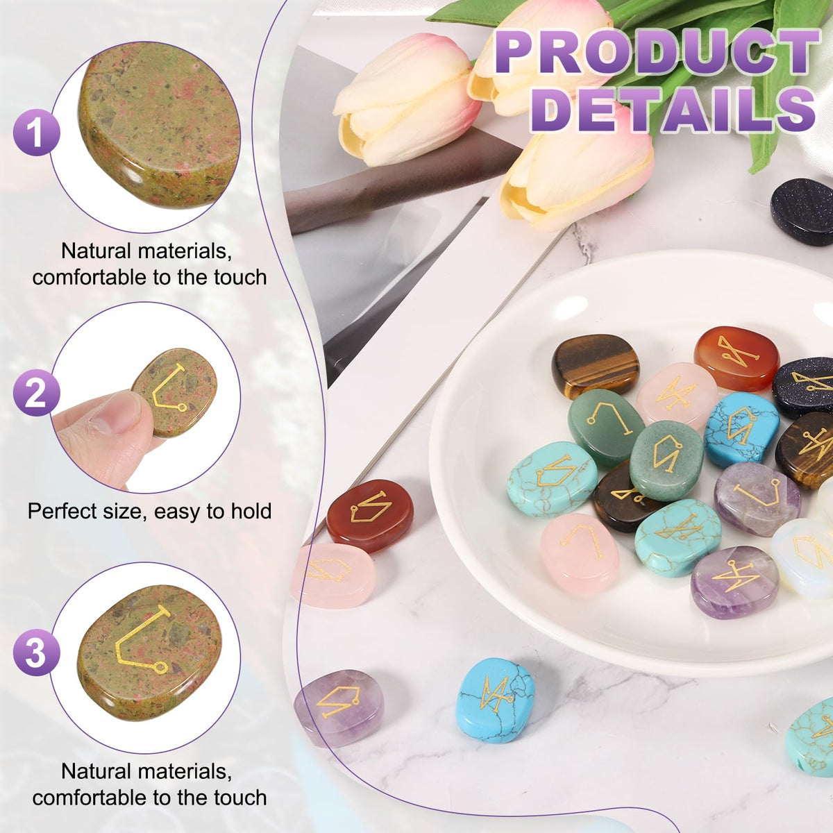 MECCANIXITY 4Pcs Engraved Chakra Stones with Reiki Symbols, Green Jasper Reiki Healing Crystal Gemstone 7 Chakra Crystal Stones Tumbled Palm Stone for Anxiety Relieve