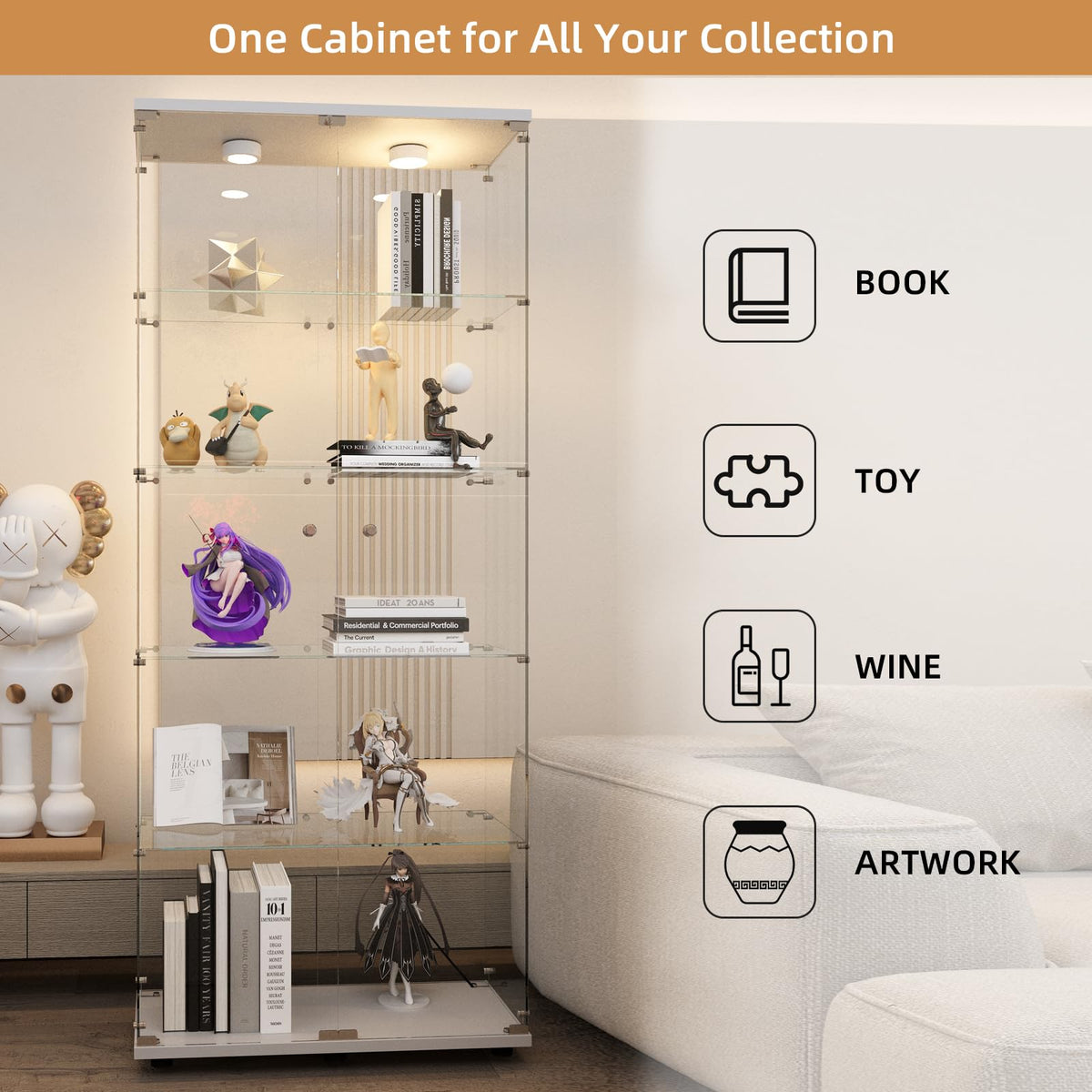 Beauty4U Glass Display Cabinet with Lights, 5 Shelves with 2 Doors, Curio Cabinets for Living Room, Bedroom, Office, White Floor Standing Glass Bookshelf, Quick Installation