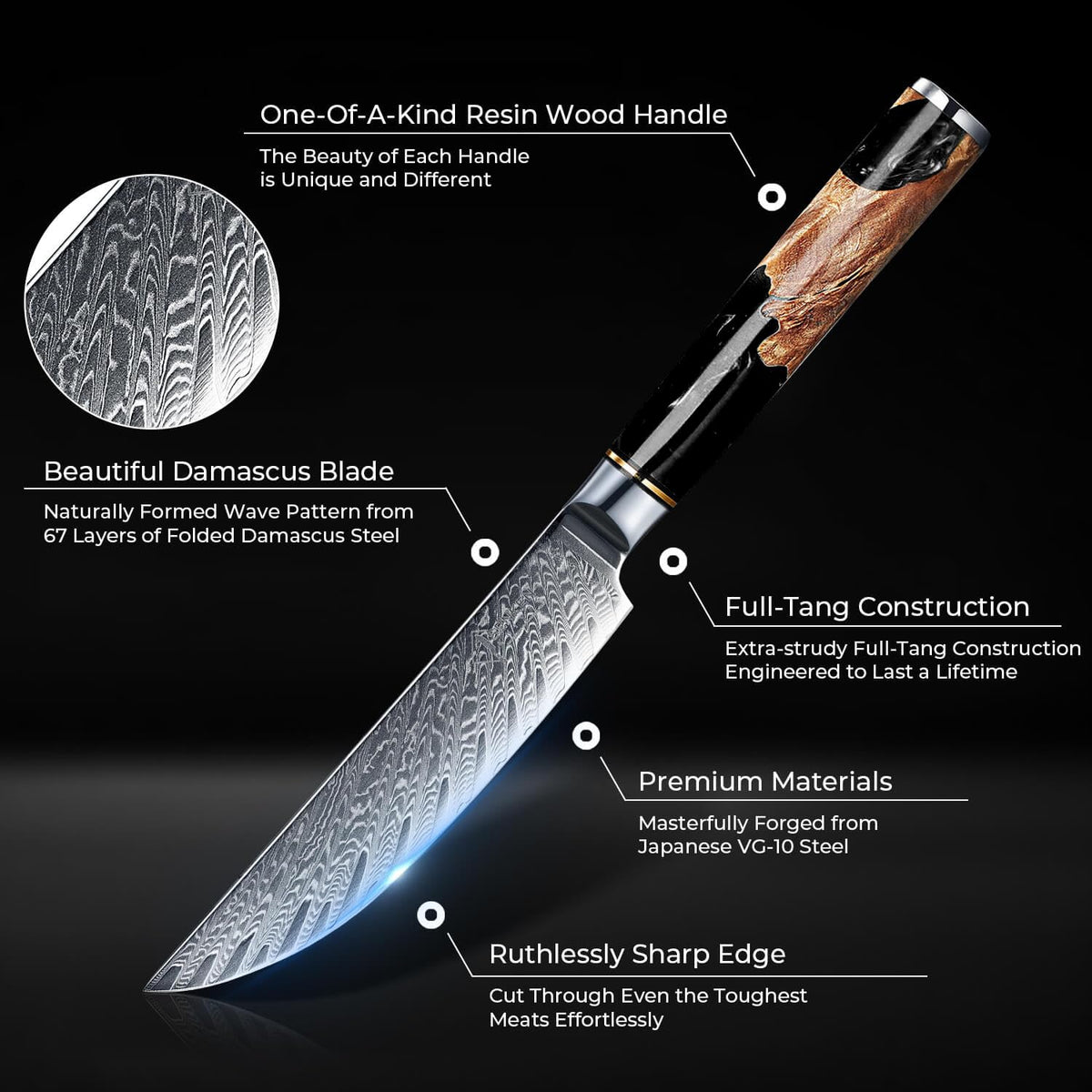 SENKEN Damascus Steak Knife Set - Black Tsunami Collection - 67-Layer Japanese VG10 Steel - Razor Sharp Non-Serrated Blades, Black Resin & Burl Wood Handles, Luxury Gift Box