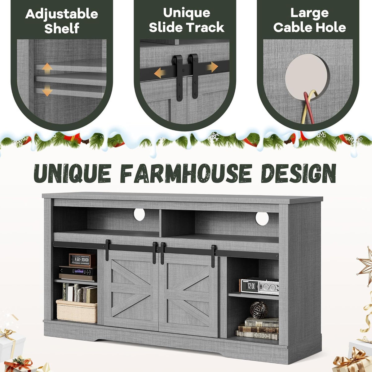 YESHOMY Fireplace TV Stand for Television up to 65+ Inch with Storage and Farmhouse Sliding Barn Doors, Entertainment Center with Cabinet and Shelves, Media Console for Living Room,Gray