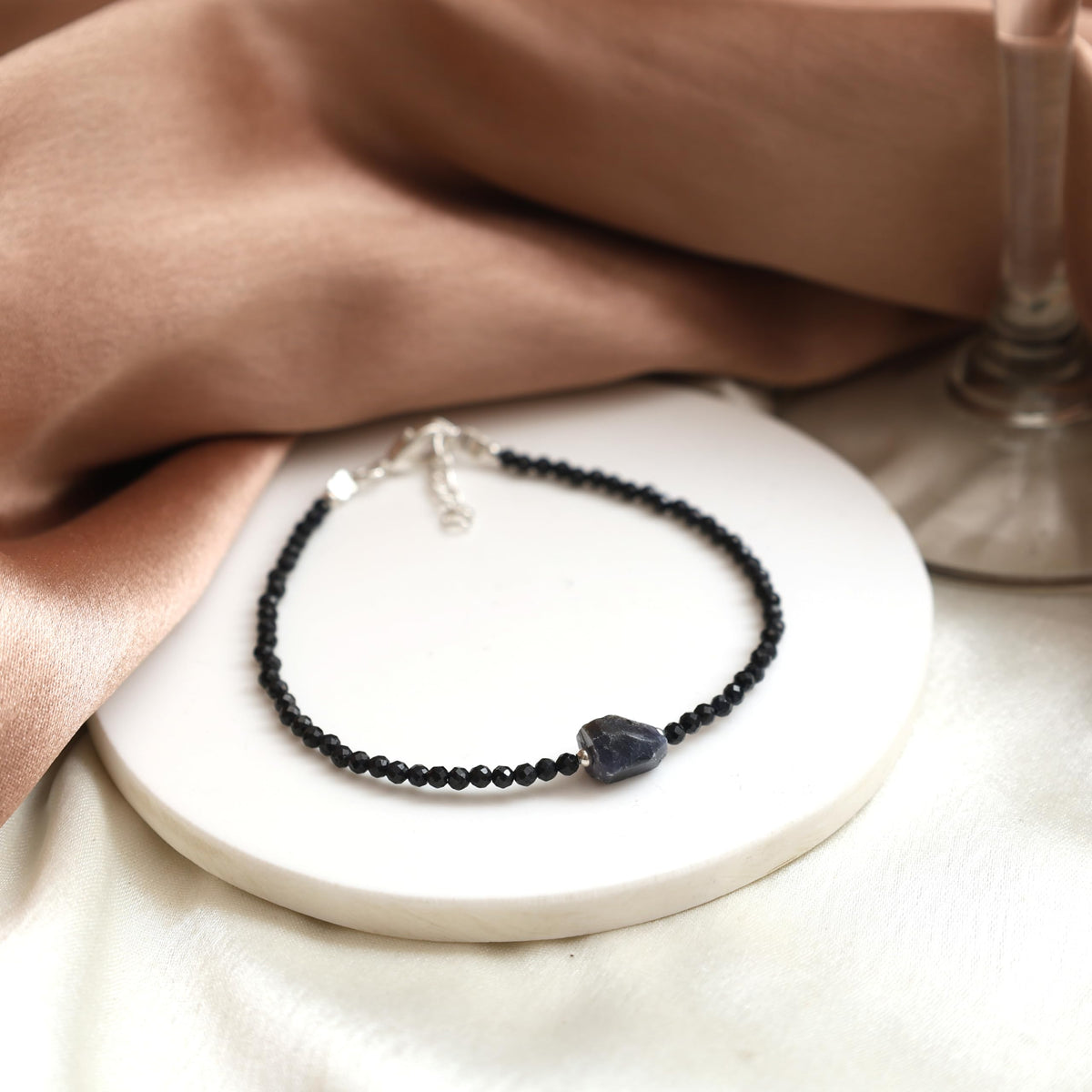 Gempires Blue Sapphire Beaded Bracelet With Raw Sapphire Crystal Jewelry September Birthstone Handmade Gifts Hypoallergenic 8 Inch Silver Plated Lightweight Gemstone Bracelets