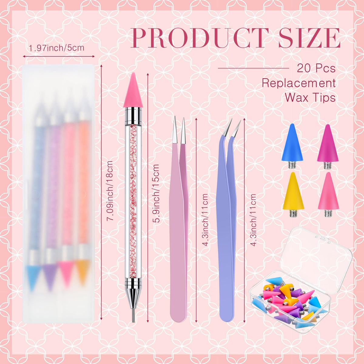 Tatuo 4 Set/26 Pcs Rhinestone Picker Tool Dotting Pen Dual-ended Nail Art Rhinestones Applicator Gems Crystals Beads Picker Wax Pencil with 20 Wax Head 2 Tweezers DIY Nail Art Tool(Pastel)