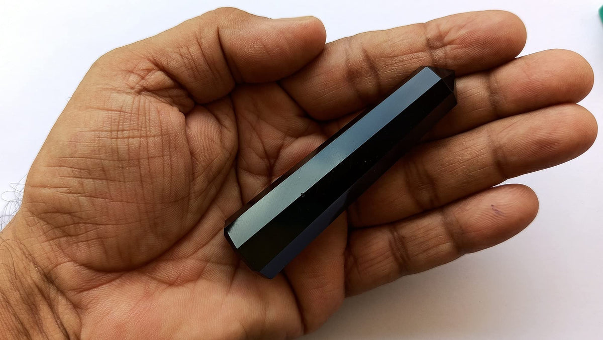 WholesaleGemShop 3 Inch (70 mm) Gemstones Black Agate Obelisk Tower Jumbo Facet Aura Rock Crystal Natural Polished Earth Wand Spirit