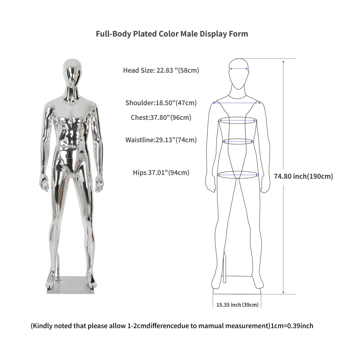 Full Body Male Mannequin with Chrome Metallic Finish, Fiberglass Abstract Dress Form with Posable Head, Futuristic Retail Display Dummy with Metal Base for Men's Fashion Window(Chrome Gold)
