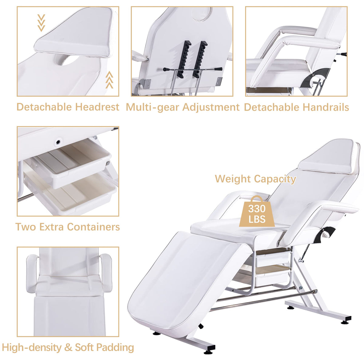 Amacv Massage Salon Tattoo Chair with Two Trays Esthetician Bed with Hydraulic Stool,Multi-Purpose 3-Section Facial Bed Table, Adjustable Beauty Barber Spa Beauty Equipment, White
