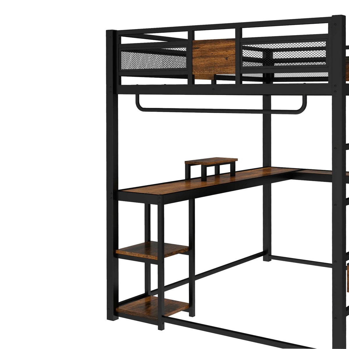 Bellemave Metal Queen Size Loft Bed with Desk and Non-Woven Fabric Drawers,Heavy Duty Loft Bed Frame with Clothes Rack and Storage Shelves for Kids,Teens,Adults, Space Saving,Black