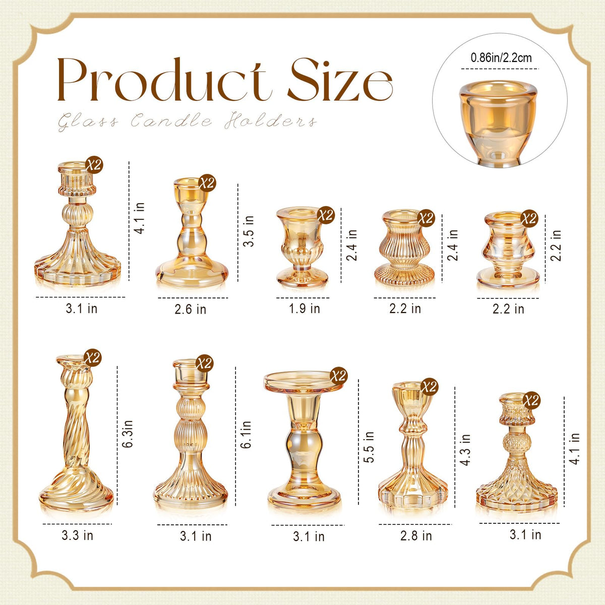 Mumufy 10 Pcs Glass Crystal Taper Candle Holders Clear Glass Candlestick Holder Fit 0.8 Inch Candles Crystal Decorative Candle Stand Centerpiece Table Wedding Dining Party (Classic,Gold)