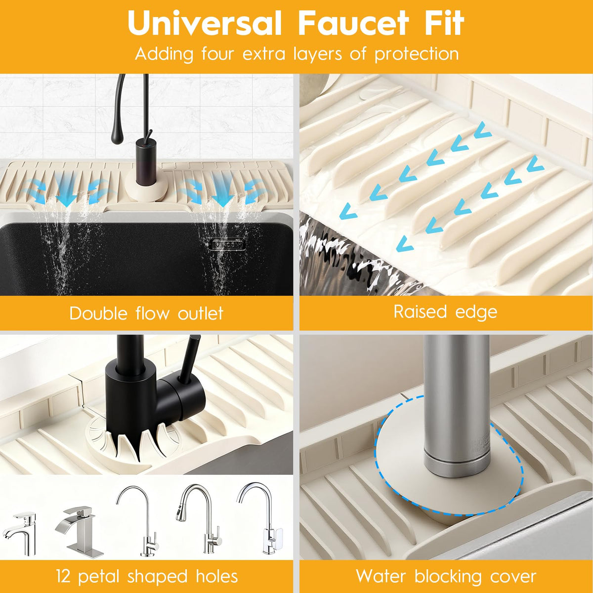 24" Silicone Faucet Mat for Kitchen Sink Released in 2025/12TH,8° Slope Fast Self-draining-Kitchen Sink Splash Guard,Bathroom Kitchen Sink Area Water Splash Guard Behind Faucet Draining Mat Beige