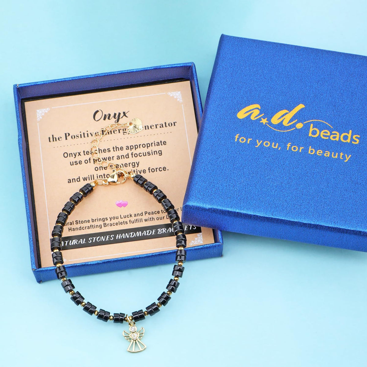 Natural Gemstone Healing Crystal Black Onyx Dainty Charms Angel Bracelet Adjustable Chain Extender Minimalist Jewelry
