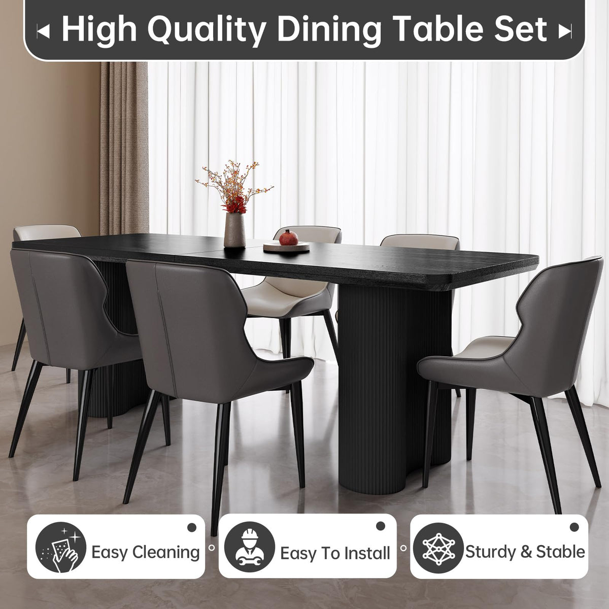 GraceNook 79" Rectangular Black Dining Table, Modern Kitchen Table with Sturdy Sleek Wave Support Legs for Living Room, Dining Room & Kitchen