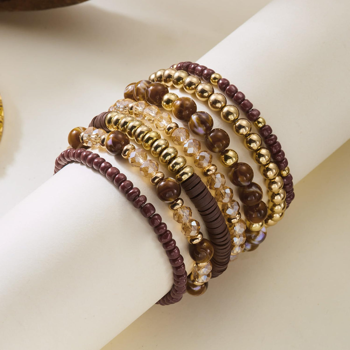 LOTSOF Boho Multilayer Beaded Bracelets Set for Women - Vintage Gold & Brown Stackable Stretch Bracelets, Bohemian Handmade Jewelry for Daily Style & Gifting (Brown)