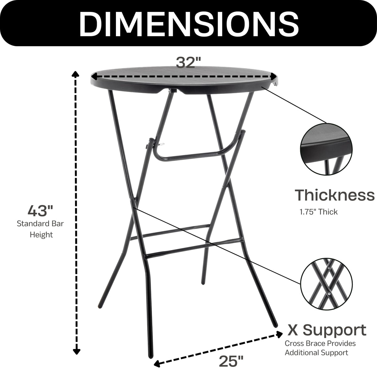BTEXPERT Set of 5, 32" Round 43" Bar High Top Folding Table Commercial Portable for Drink Patio Banquet Card Plastic Coffee Dining Cocktail Wedding Party Event Home Kitchen Outdoor Black