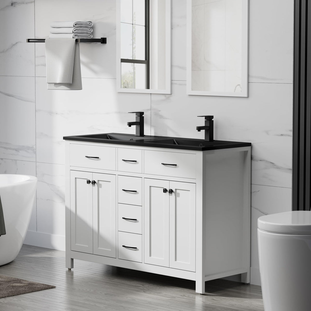 LUCKWIND 48" Modern Bathroom Vanity with Sink Combo, Contemporary Painted Storage Cabinet and Double Black Sink, Include Soft-Closing Doors & Matte Black Faucet, White