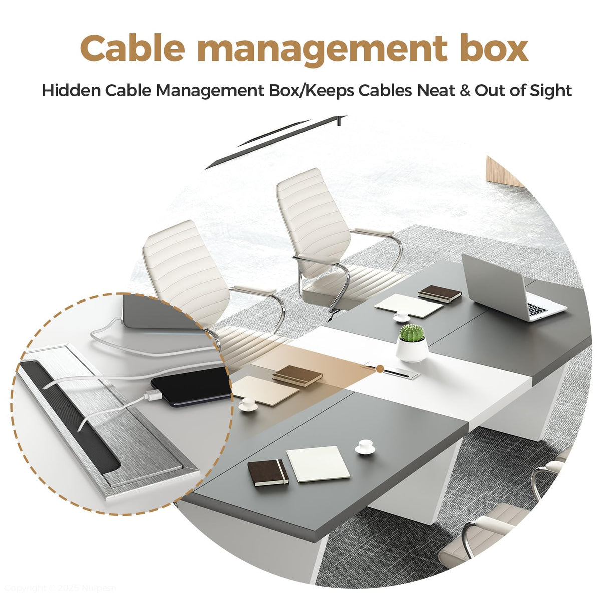 Nuipesn 10-ft Rectangular Conference Table, 119" Modern Boardroom Table for 10-12 People, 2" Thick Top with Center Cable Grommet, Two-Tone Dark Gray & White