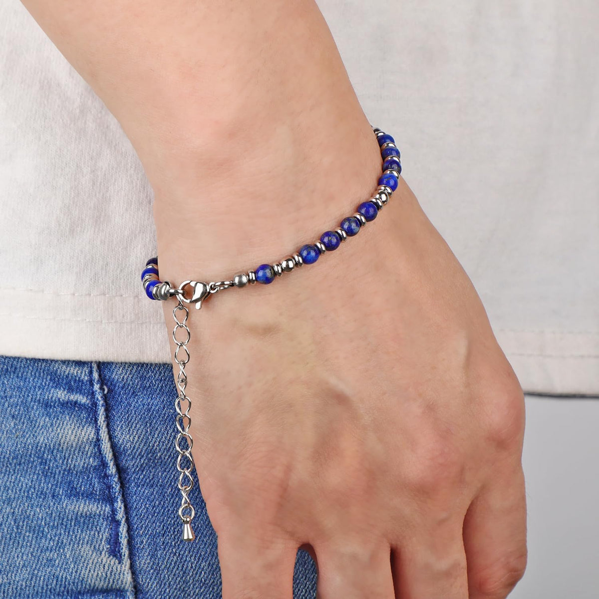 LPBeads 4mm Lapis Lazuli Tiny Beaded Bracelets For Women, Energy Gem Charm Jewelry Adjustable Bracelet Gifts for Mom, Daughter, Wife, Coworkers, Friends, Bestie