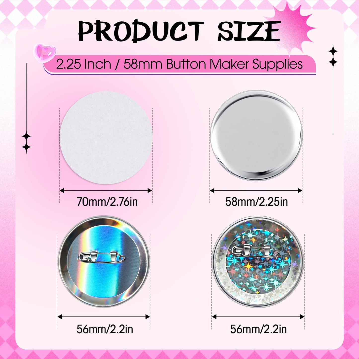 Humyoun 200 Sets 2.25 Inch 58mm Button Maker Supplies for Pin Maker Machine Kit Including 200 Holographic Sparkling Films, 100 Laser Back 100 Starry Back and 200 Shell for Button Press
