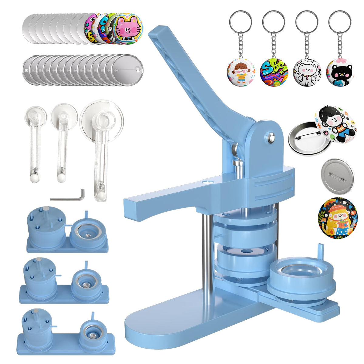1+1.25+2.25 inch Multiple Sizes Button Maker Machine, 300 Buttons, 30 Fridge Magnets, 10 Bottle Openers, 10 Keyrings, 3 Circle Cutters, Button Badge Press Machine (Lightblue, 353 Pcs)