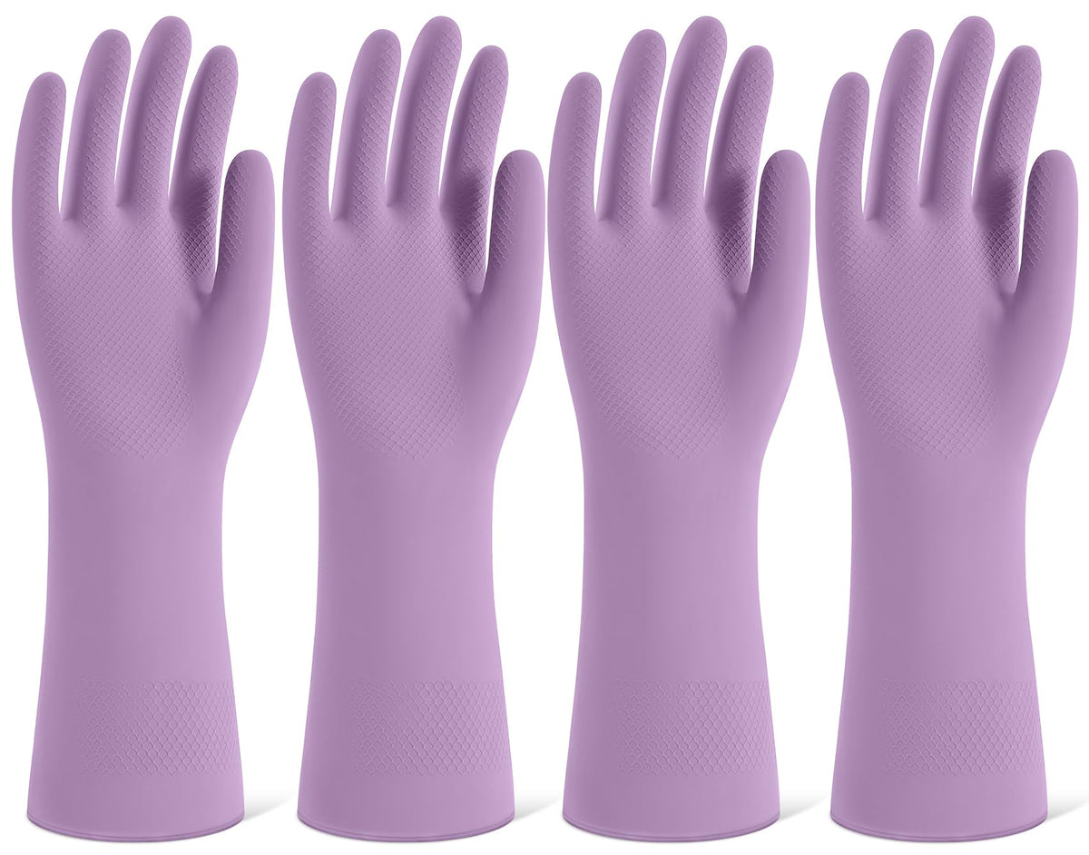 Rubber Cleaning Gloves for Dishwashing, 4 Pairs Reusable Kitchen Gloves for Washing Dishes and Household Cleaning, Purple Dish Gloves with Flocked Lining and Non-Slip Grip, Pefect for Woman Men - S