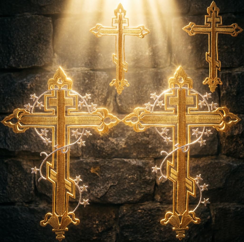 IDONGCAI Gold Cross Embroidered Applique, Religious Christian Liturgical Vestment Applique Patch for Church Garments & Altar Cloth, Iron On Sew On Embroidery Supply Set of 4