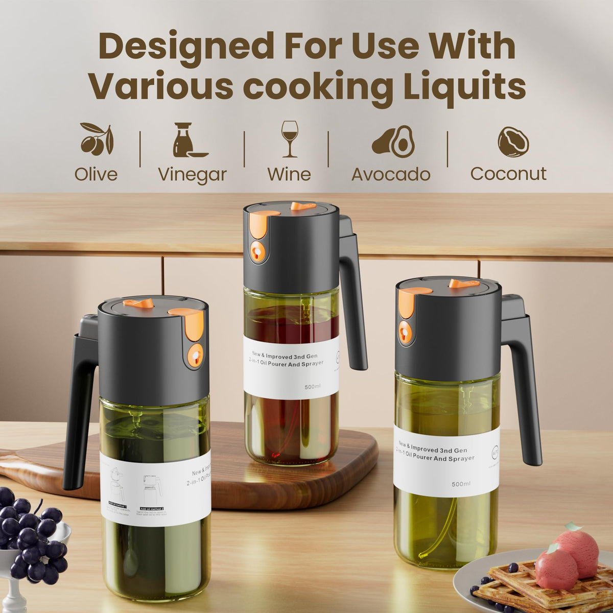LAKUMIQI 2 in 1 Oil Sprayer for Cooking, 17oz Light-Blocking Glass Spray Bottle with Stickers, Oil Dispenser for Salad, Air Fryer & BBQ