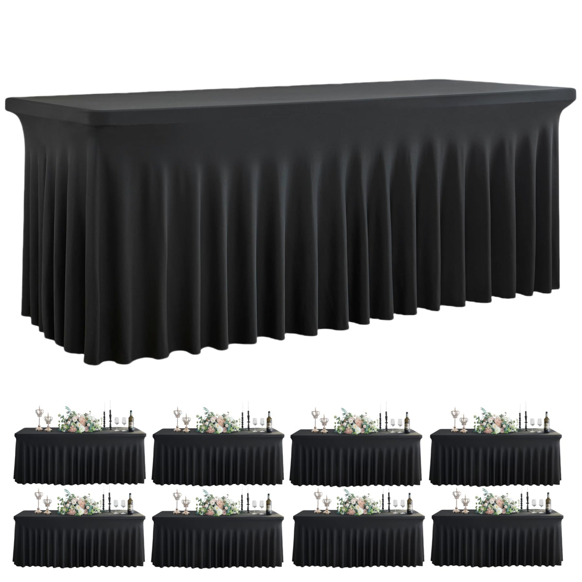 Outpain Wrinkle Free Spandex Tablecloth for 6 Foot Rectangle Tables, 8 Pack Black Fitted Table Cloths 6ft Stretchy Banquet Table Clothes Cover Desk Skirt for Birthday Wedding Parties Baby Shower