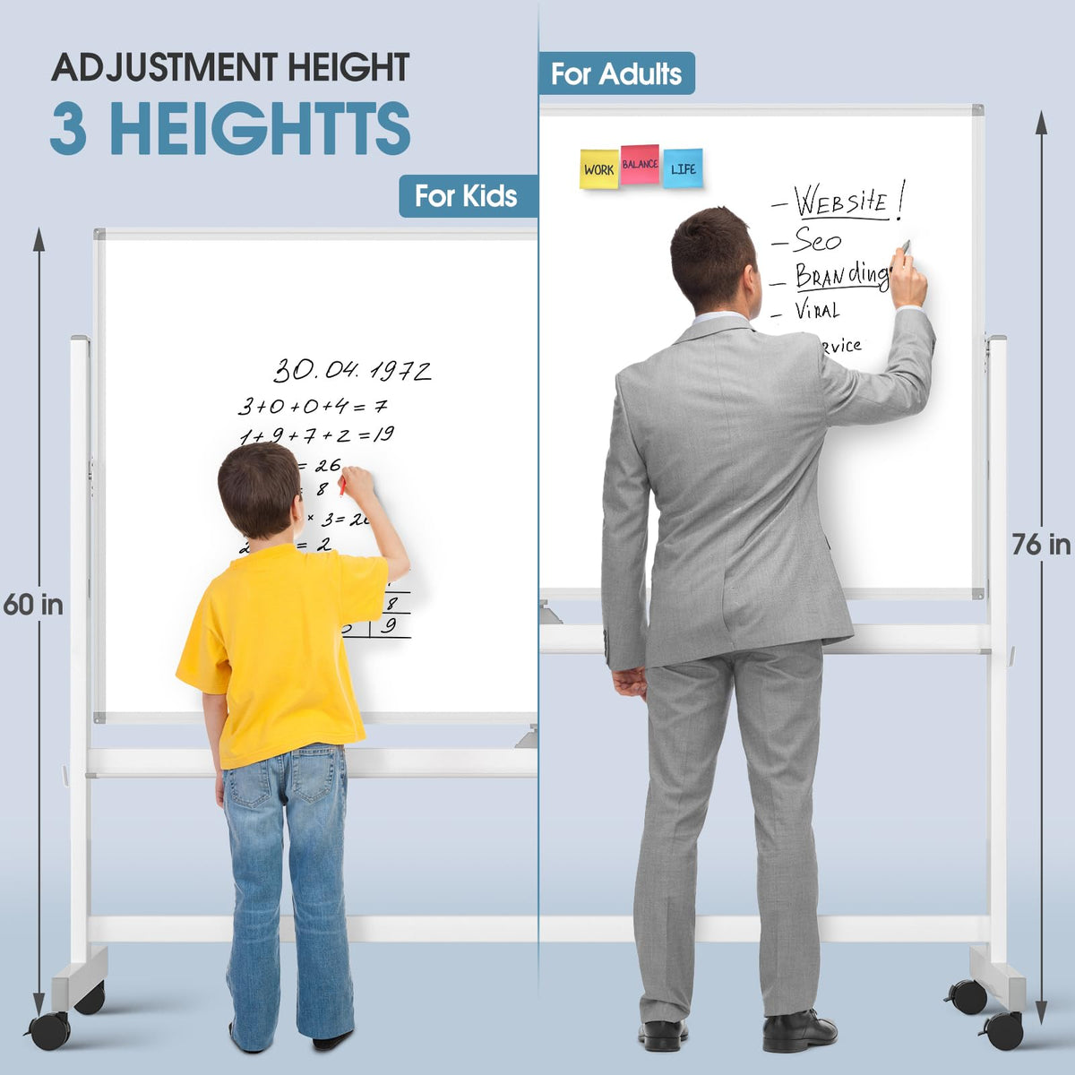 MaxGear Big Mobile Whiteboard, 72x40 Double Sided Magnetic Dry Erase Board with Stand, Height Adjustable Rolling Whiteboard for Home, School & Office, Heavy-Duty Aluminum Frame & Reinforced Packaging