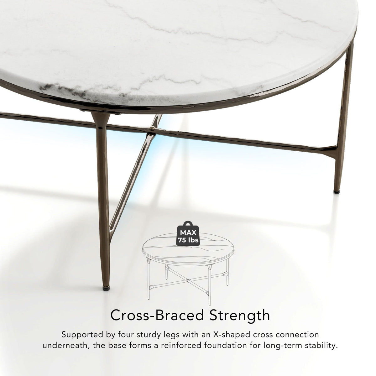 24/7 Shop at Home Aureum Modern 35-inch Round Marble Top Coffee Table with X-Brace, Hammered Dark Bronze Metal Frame for Living Room, Office, White