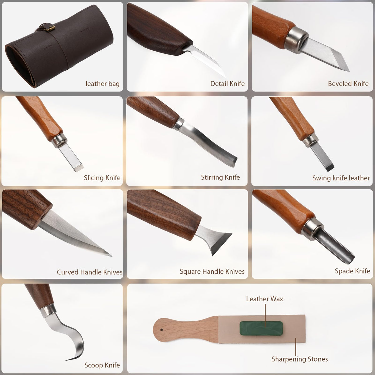 15PCS Wood Carving Kit, Wood Carving Tools Wood Whittling Kit Walnut Handle Wood Scraper with Polishing and Sharpening Stone for Beginner Adults Wood Carving DIY