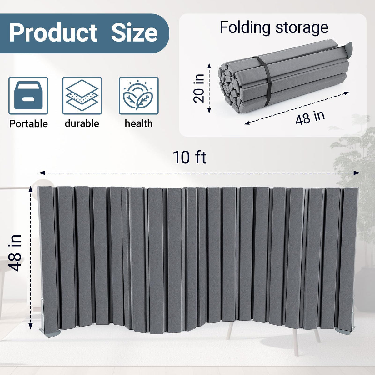AmazingSpark 1 Pcs 48" X 10' Soundproof Room Divider Panel, Foldable Acoustic Partition Wall with Stand and Straps, Freestanding Privacy Screen for Office Study Bedroom Studio Library(Grey)