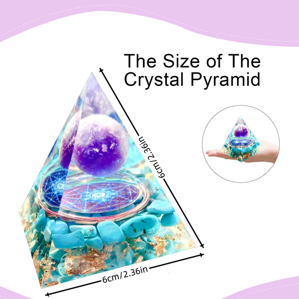 Saefheled Orgone Pyramid Energy Generator,Natural Amethyst&Turquoise Orgonite Crystal Healing Pyramids for Reduce Stress Chakra Reiki Healing Meditation Attracts Lucky and Success, Wealth&Health(6cm)