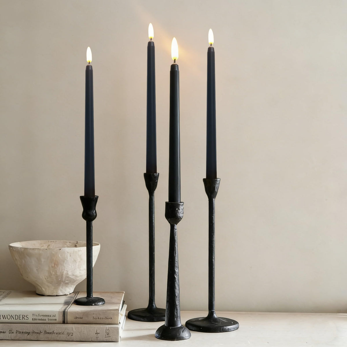 Ni-JASW Black Flameless Taper Candles with Remote, Flickering LED Candlesticks Battery Operated Set of 4