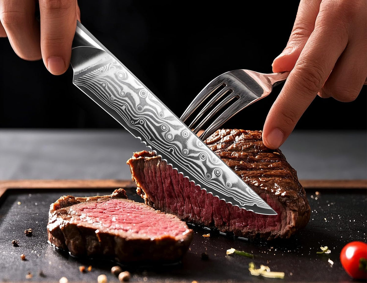 SHAN ZU Steak Knife of 7, 4.5 Inch Damascus Steak Knife Set with Block, Japanese High Carbon Steel Kitchen Serrated Knives Set with Ergonomic G10 Handle and Gift Box