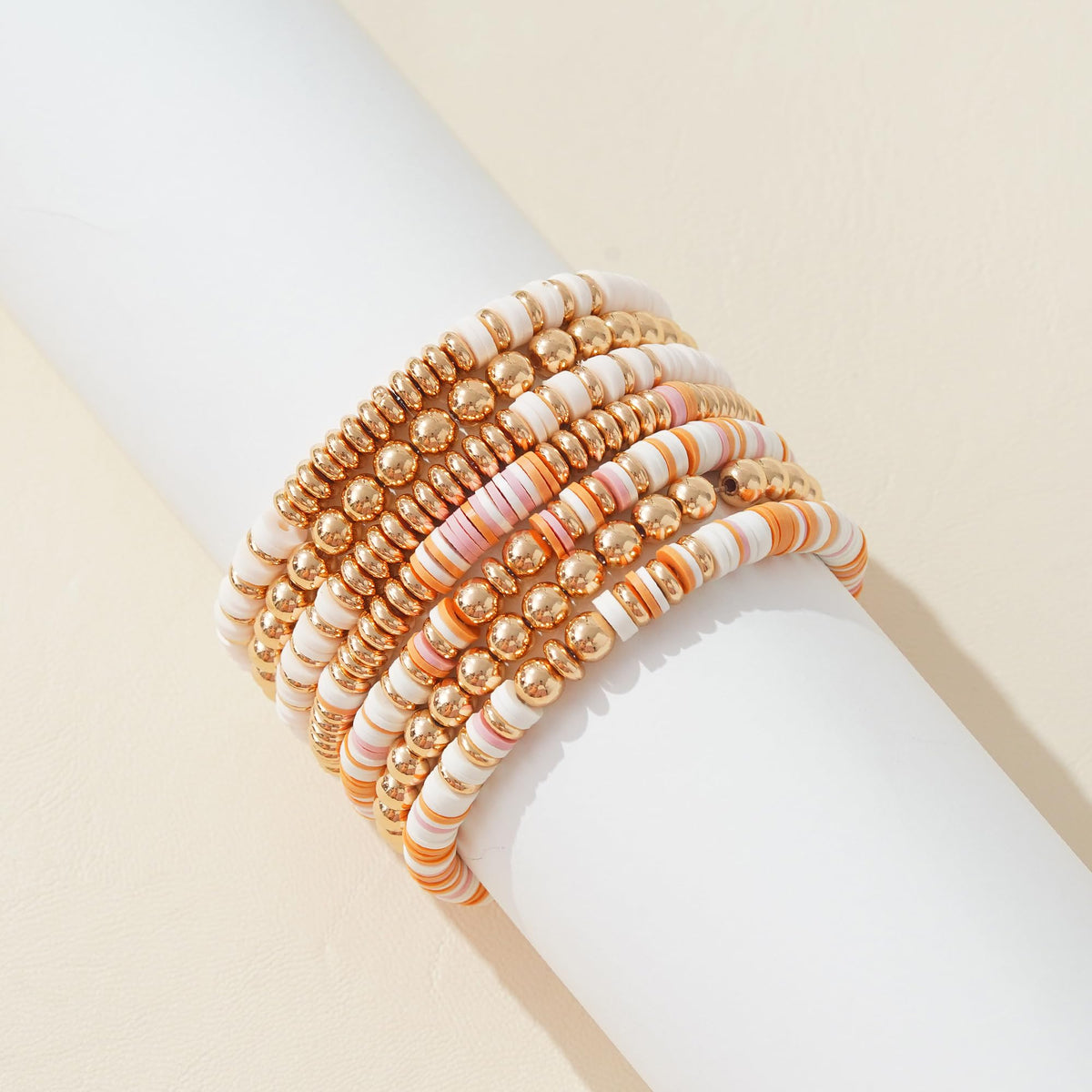 GOOJIDS Surfer Heishi Clay Bead Bracelets for Women Bohemian Stackable Gold Plated Beaded Stretch Bracelets Elastic Layering Friendship Bracelets Set Boho Jewelry