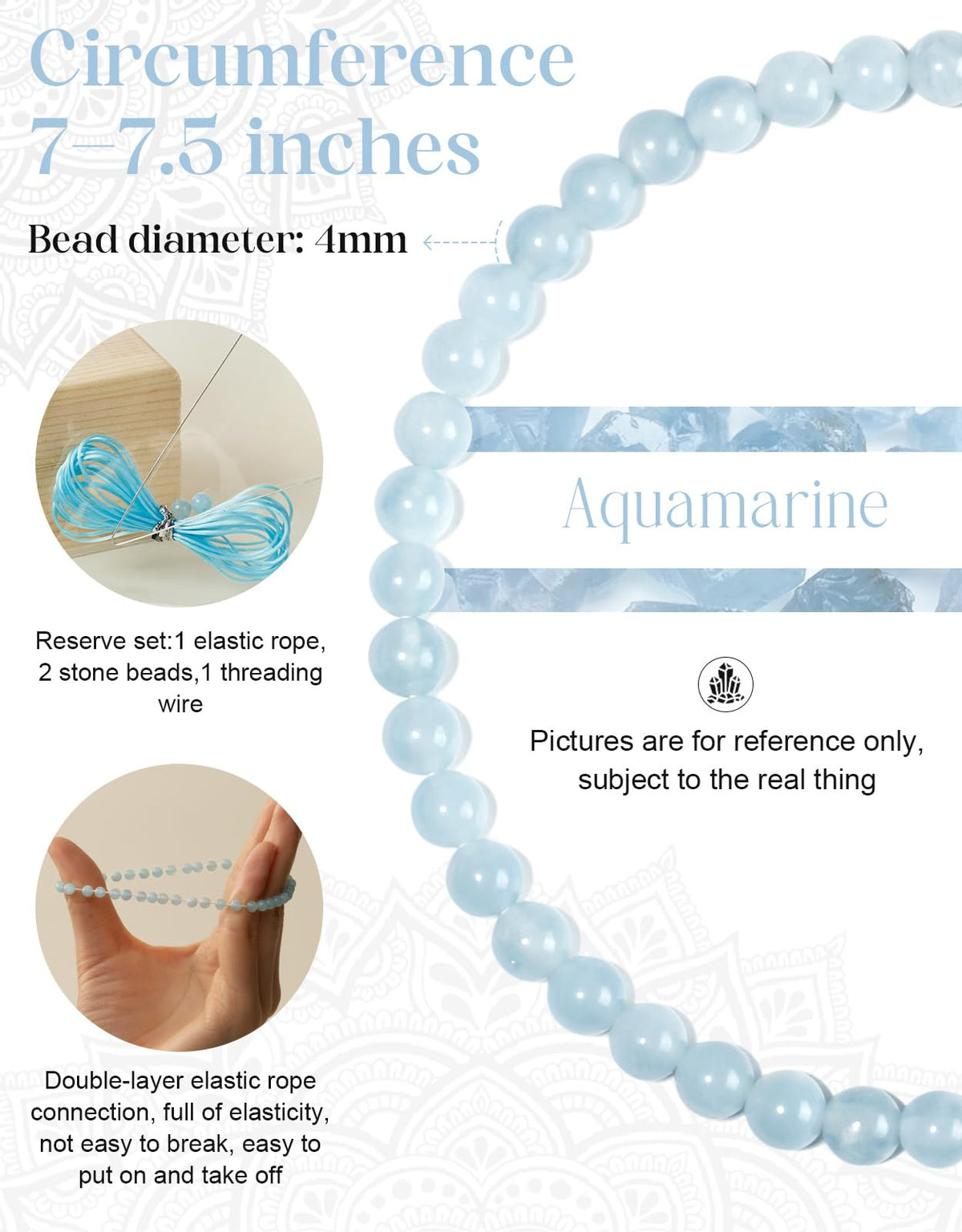 Landorilo Beaded Bracelet for Men Women, 4mm Natural Stone Aquamarine Healing Crystal Stretch Bracelets, Ideal Christmas Birthday Jewelry Gifts with Energy Card，Replacement Beads Included