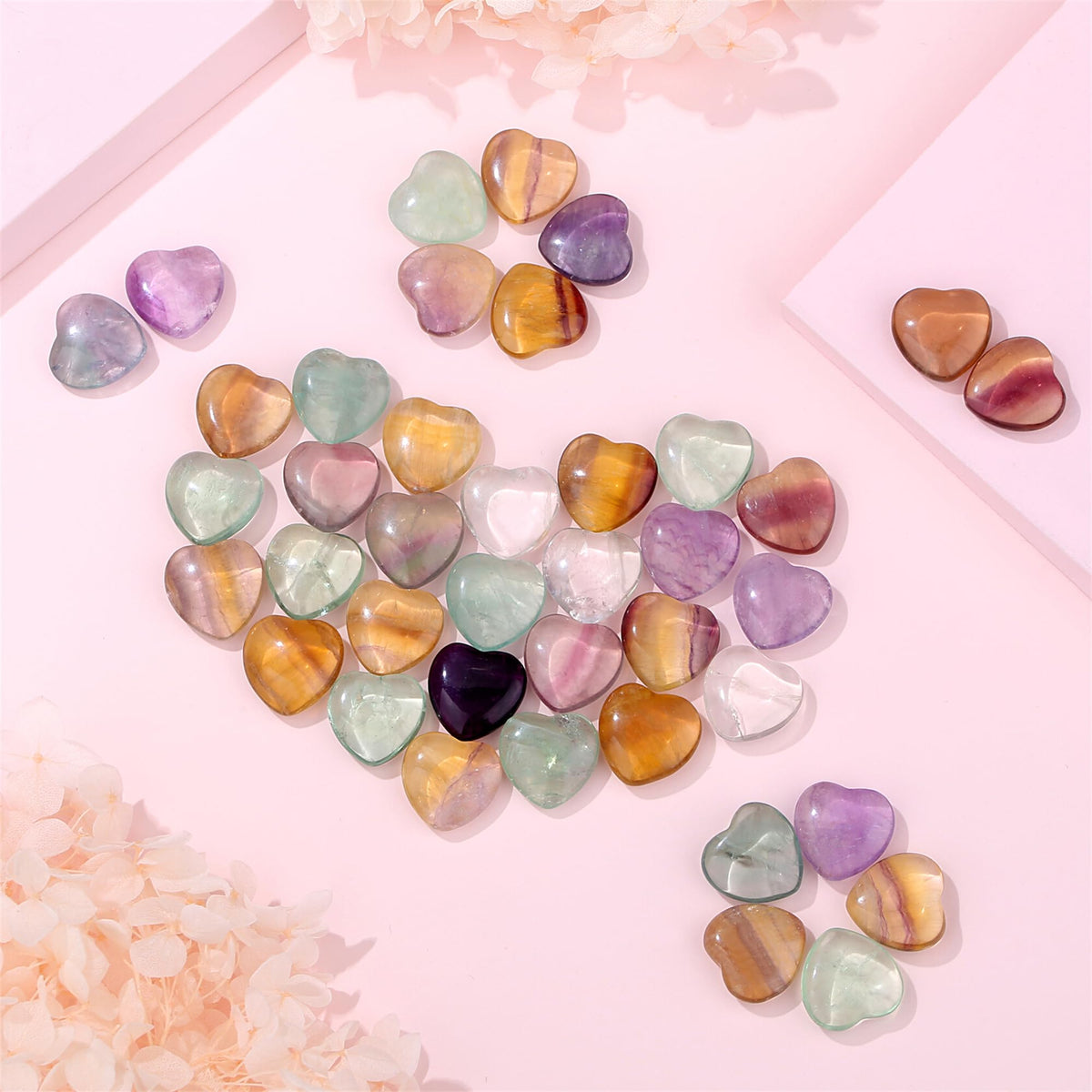 YATOJUZI 20PCS Fluorite Heart Stone Natural Healing Crystals Love Crystal Heart Bulk Wholesale Polished Stones Cute Pocket Gemstones Reiki Energy Gifts for Women