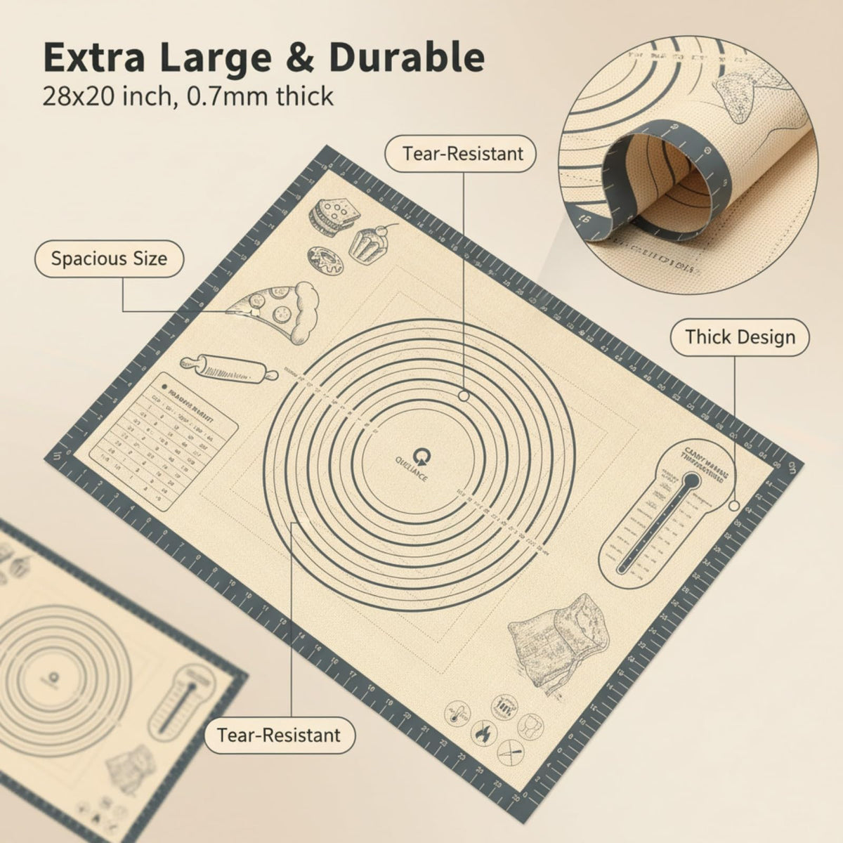 Silicone Baking Pastry Dough Mat - 28x20Inch Extra Large Cookie Bread Rolling Mats Sheet, Nonstick Kitchen Counter Kneading Board Thick Reusable Pie Cookies Pizza Fondant Making Matt Baking Supplies