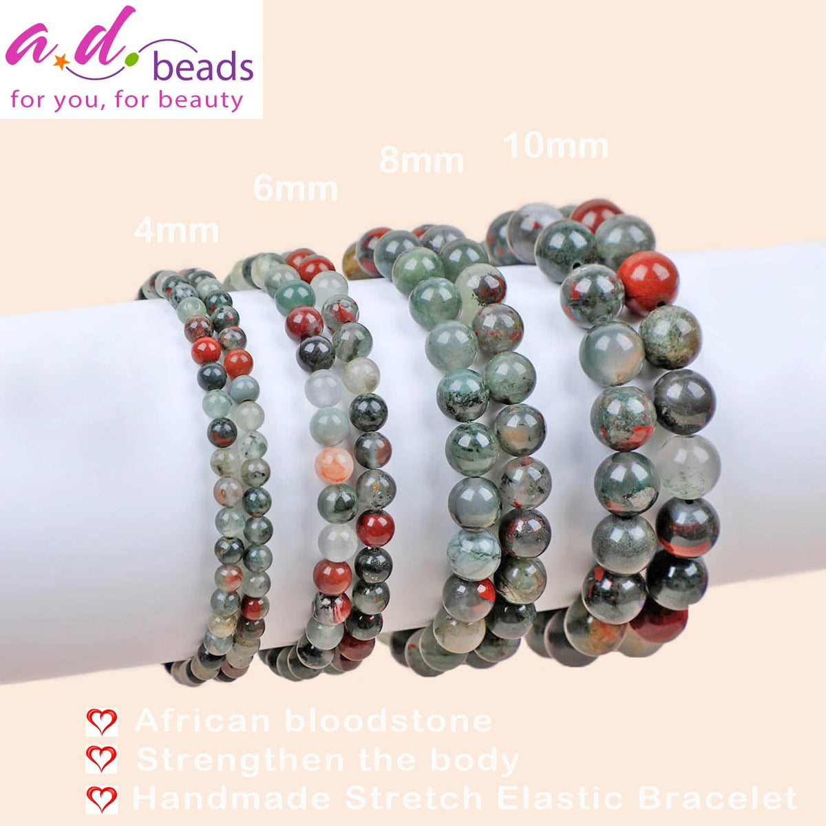 AD Beads Handmade Gemstone Stretch Elastic Bracelet Crystal Healing Reiki Nature's Beauty and Spiritual Essence Unisex (6mm, African Bloodstone (Strengthen the Body))