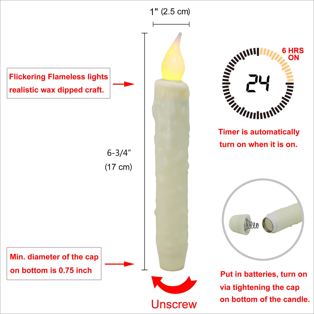 CVHOMEDECO. Real Wax Hand Dipped Battery Operated LED Timer Taper Candles Country Primitive Flameless Lights Décor, 6-3/4 Inch, Ivory, 3 PCS in a Package