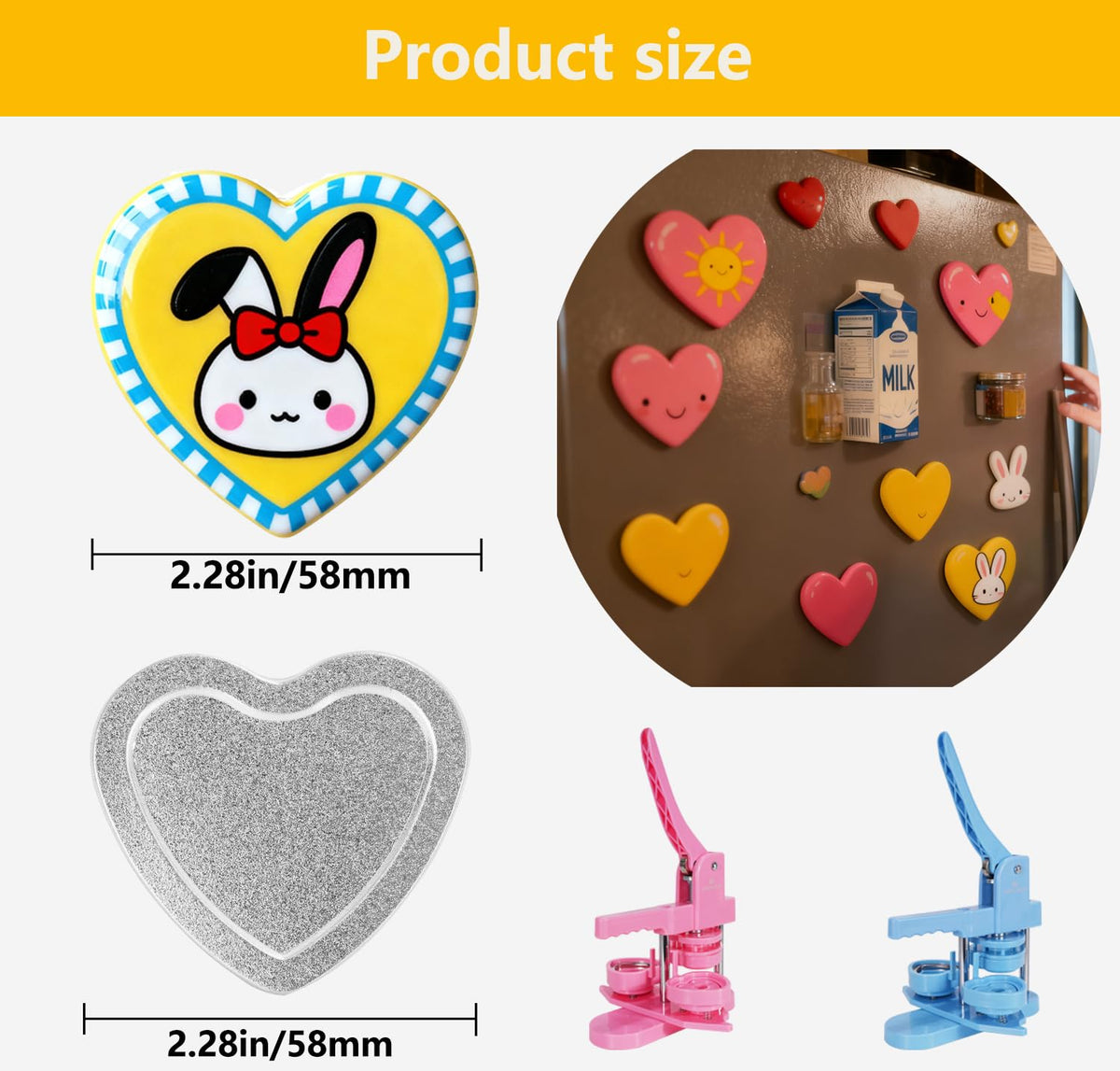 50 Sets Heart-Shaped Fridge Magnet Maker Supplies for Button Maker Machine Heart Shape 2.28 inch/58mm, Includes Metal Cover, Button Back Cover, Soft Magnet, Clear Film,Blank Paper,Children DIY Gift