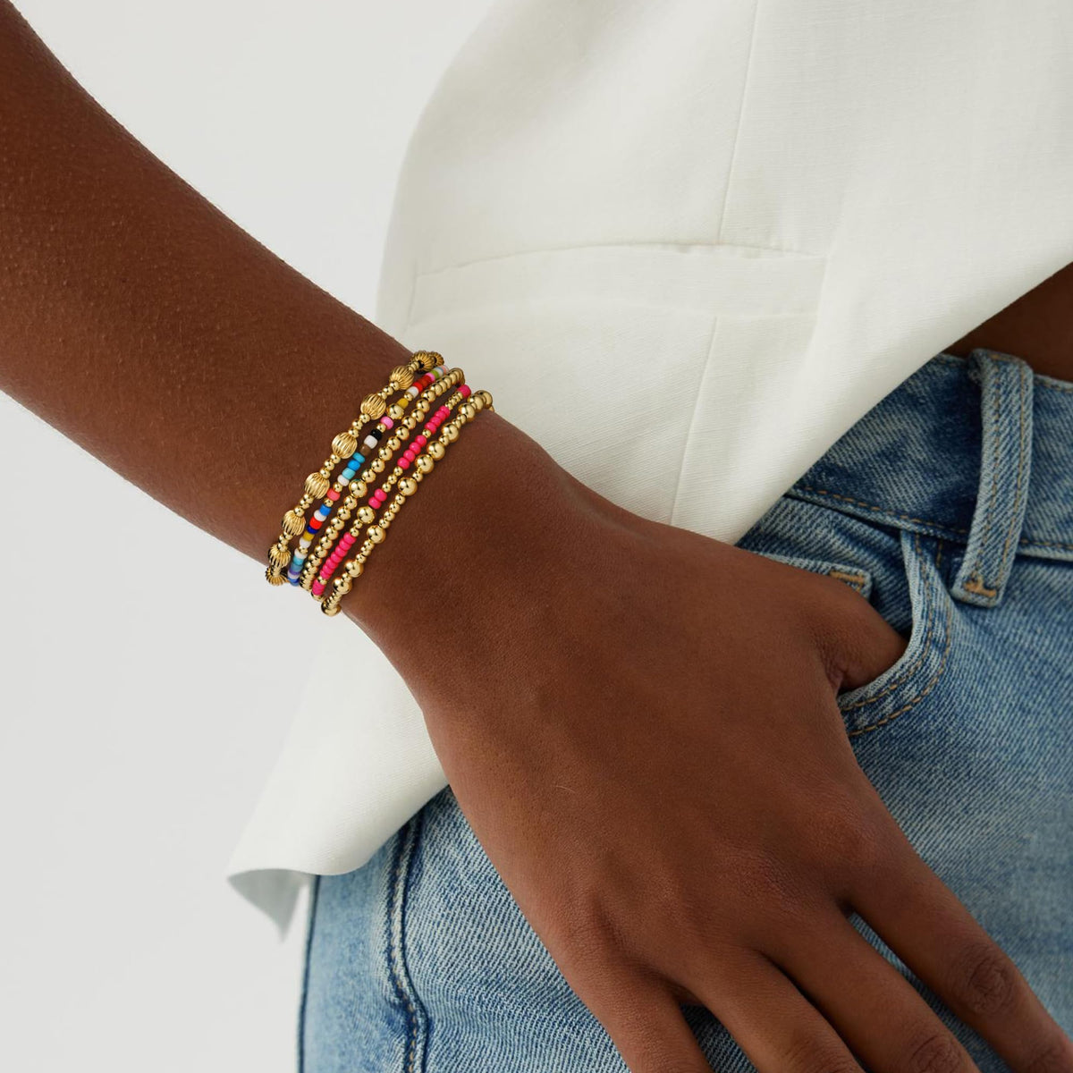 Dainty 14K Gold Plated Beaded Bracelet Stack for Women,Bohemian Stretch Colorful Beads Non Tarnish Stackable Bracelets Set Fashion Party Prom Accessories Jewelry Gift Friendship