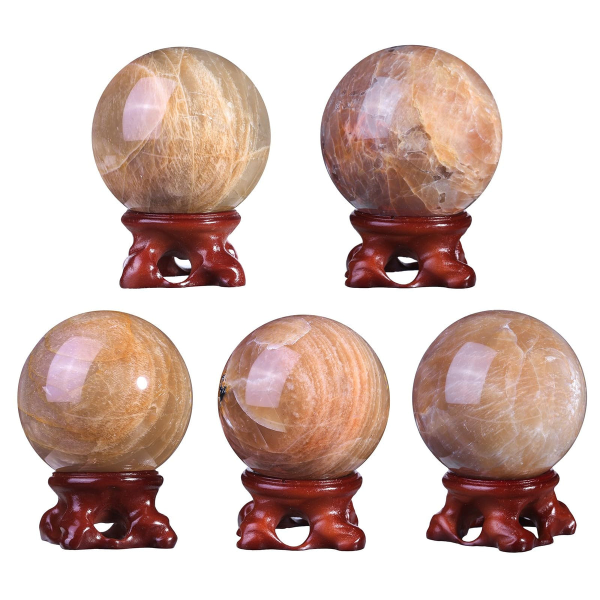 Nupuyai Natural Orange Moonstone Crystal Ball with Resin Stand, Healing Crystal Sphere for Home Decor 2.01"-2.36"(51mm-60mm)