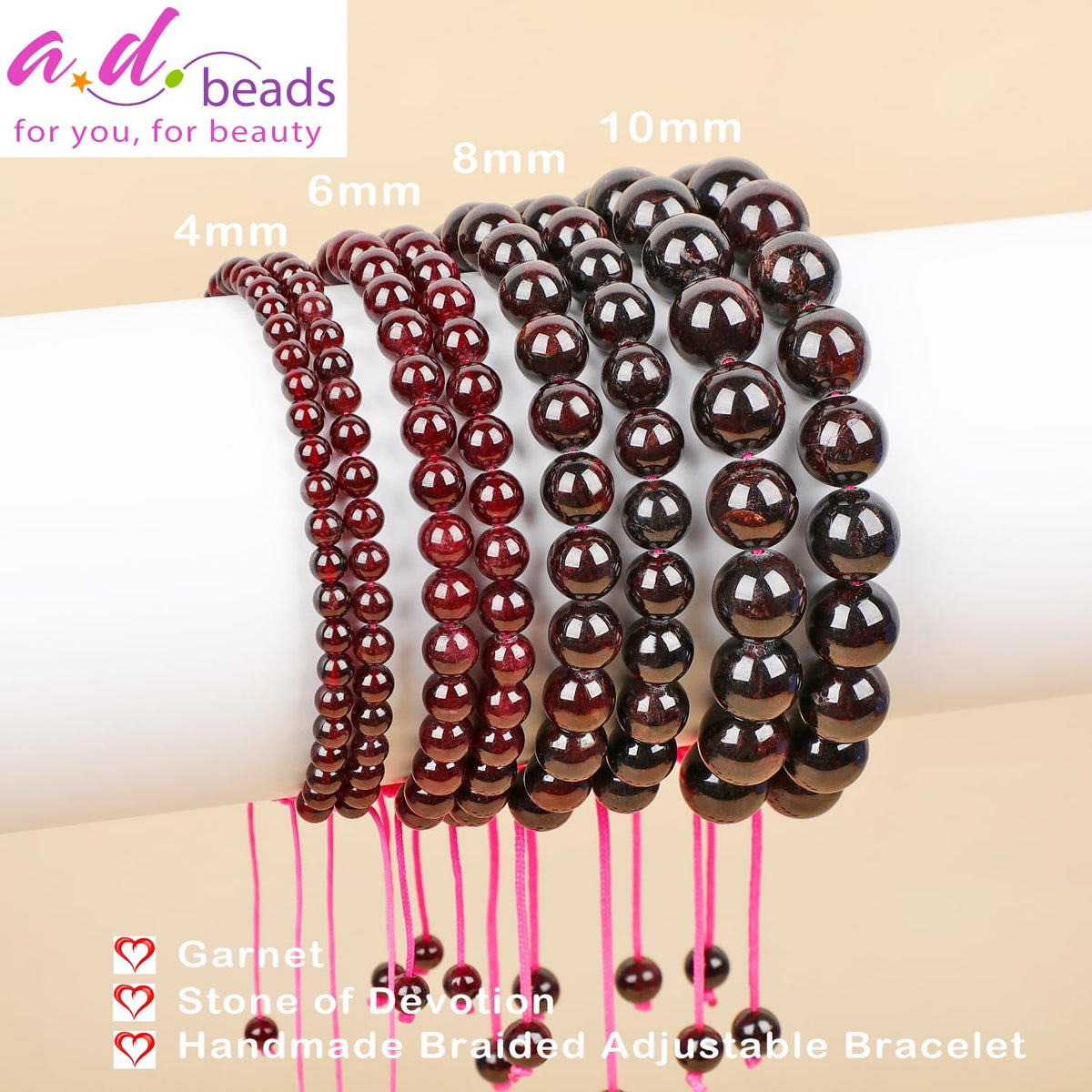 AD Beads 8mm Garnet Bracelet - Stone of Devotion - Handmade Natural Stone Crystal Bracelet with Adjustable Macrame String - Yoga Healing Power Energy Gifts for Men and Women