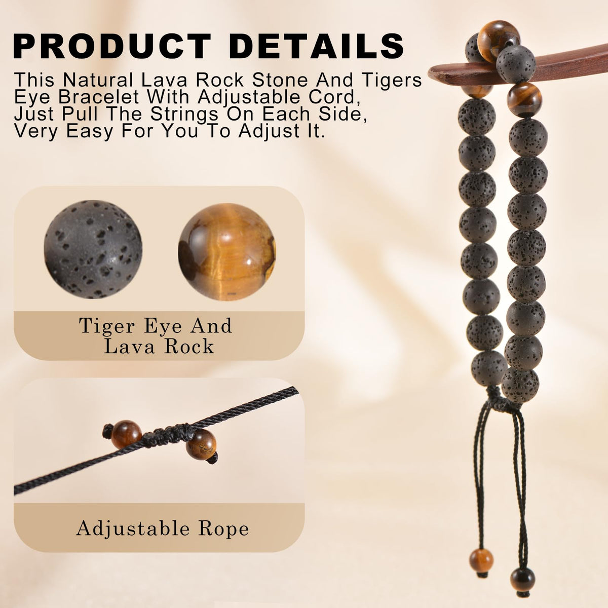 Aluckiss 8mm Adjustable Tigers Eye Bracelet for Men Women Round Volcanic Stone Beaded Bracelets Jewelry Natural Gemstone Handmade Polishing Energy Stone Protection Bracelet for Spiritual Healing Meditation Yoga