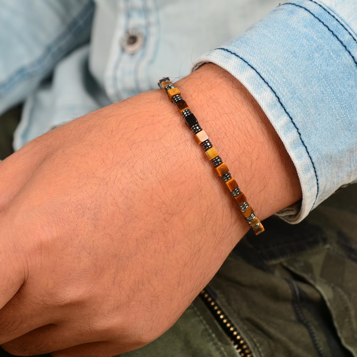 Casvia Tiger's Eye Hematite Beaded Bracelet for Men, Square Stone Adjustable Stainless Steel Chain, Handmade Stylish Jewelry Gift for Dad, Husband, Son & Friend
