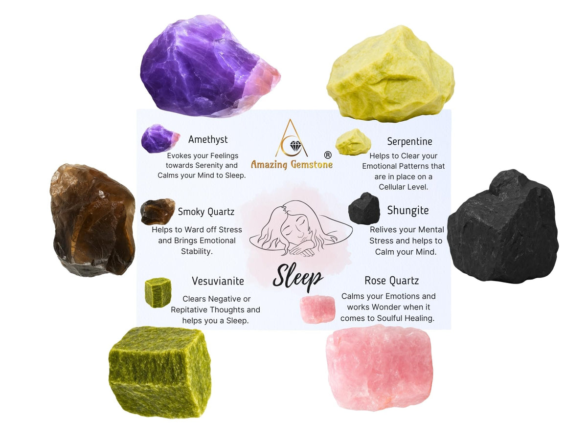 Amazing Gemstone Crystals for Sleep Manifestation, Set of 6 Amethyst, Smoky Quartz, Shungite, Vesuvianite, Serpentine and Rose Quartz Healing Crystals and Stones